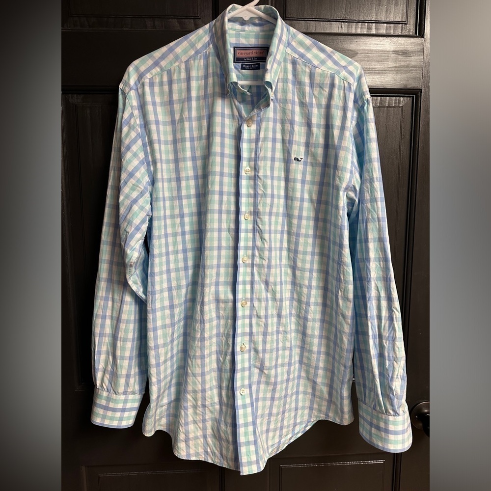 Vineyard Vines Men’s Sz M Blue & White Check Long Sleeve Whale Shirt